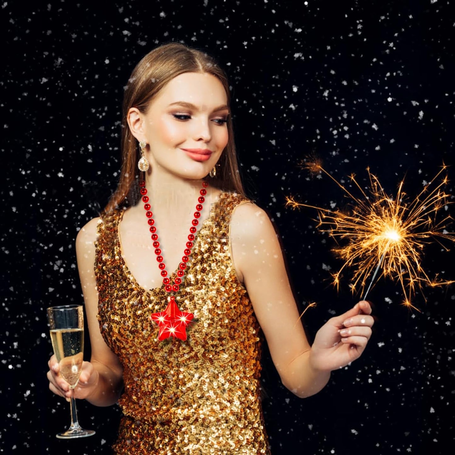 6 Pack Glow Red Necklace Beaded Necklaces with Light Up Star for Christmas July 4th Decorations Mardi Gras Party Favors