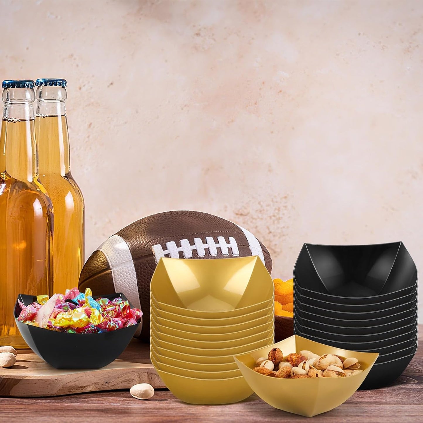 Tanlade 50 Pcs Square Plastic Serving Bowls Disposable Snack Salad Bowl Small Party Candy Bar Containers Taco Bar Serving Dishes for Buffet Chips Fruit (8 oz,Black, Gold)