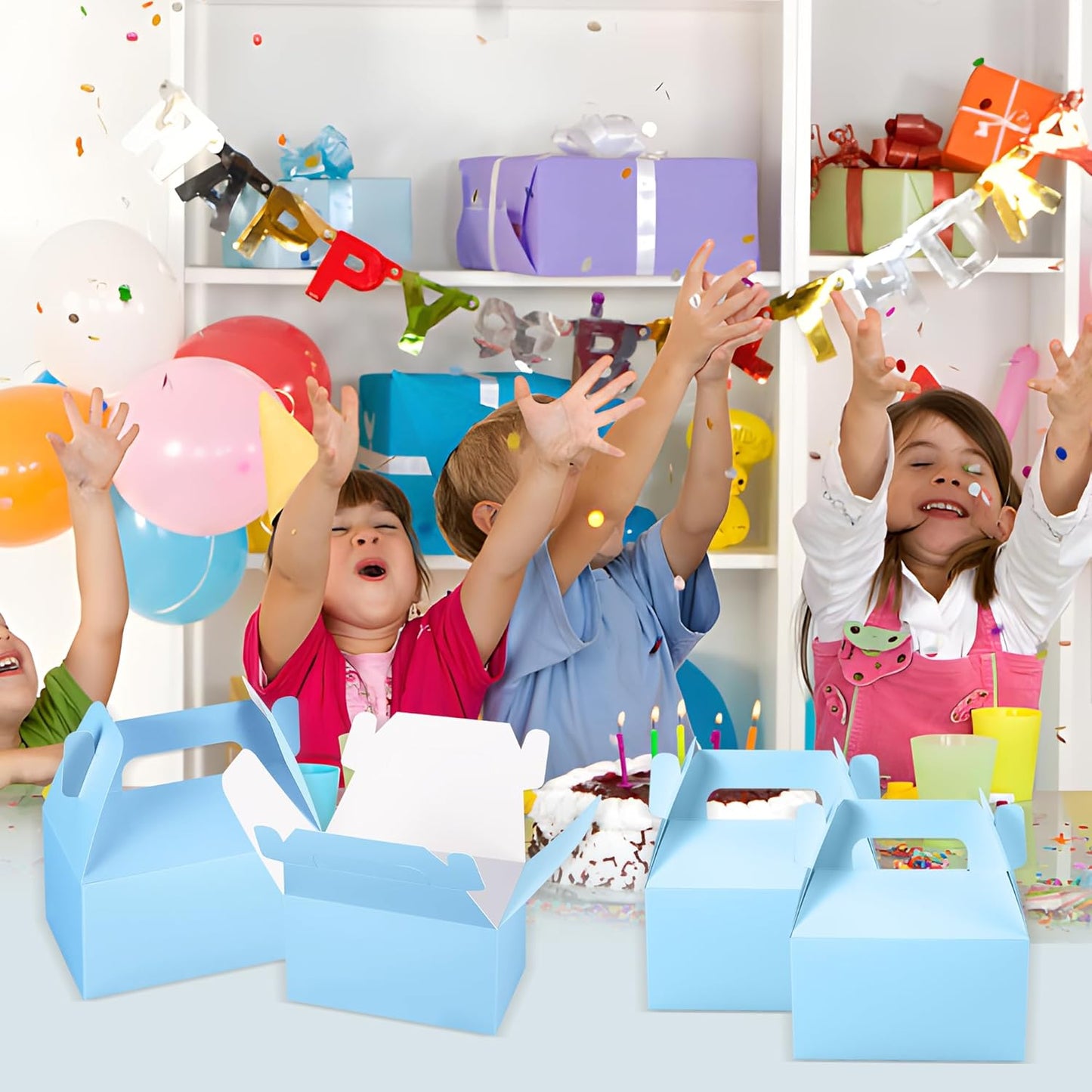 XAGLVV 24 Pack Blue Gable Boxes with Handles 6.2x3.5x3.5 Inch Paper Party Favor Gift Box for Baby Boy Showers wonderland party beach theme favors