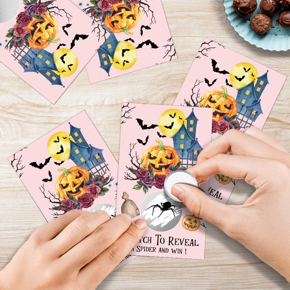 50 Pack Find The Spider Halloween Theme Patch Scratch Off Game, Bat Horror Scratch Cards for Fall Party Games, Pumpkin Raffle Tickets for Birthday Thank You Party Games, Halloween Baby Shower