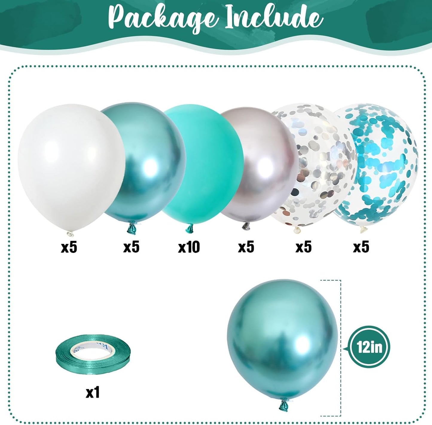 Teal Blue Silver Balloons, 35Pcs Turquoise Light Blue Mint Green Silver White Confetti Latex Balloons Set, Aqua Blue White Silver for Boys Christening Birthday Baby Shower Wedding Party Decorations