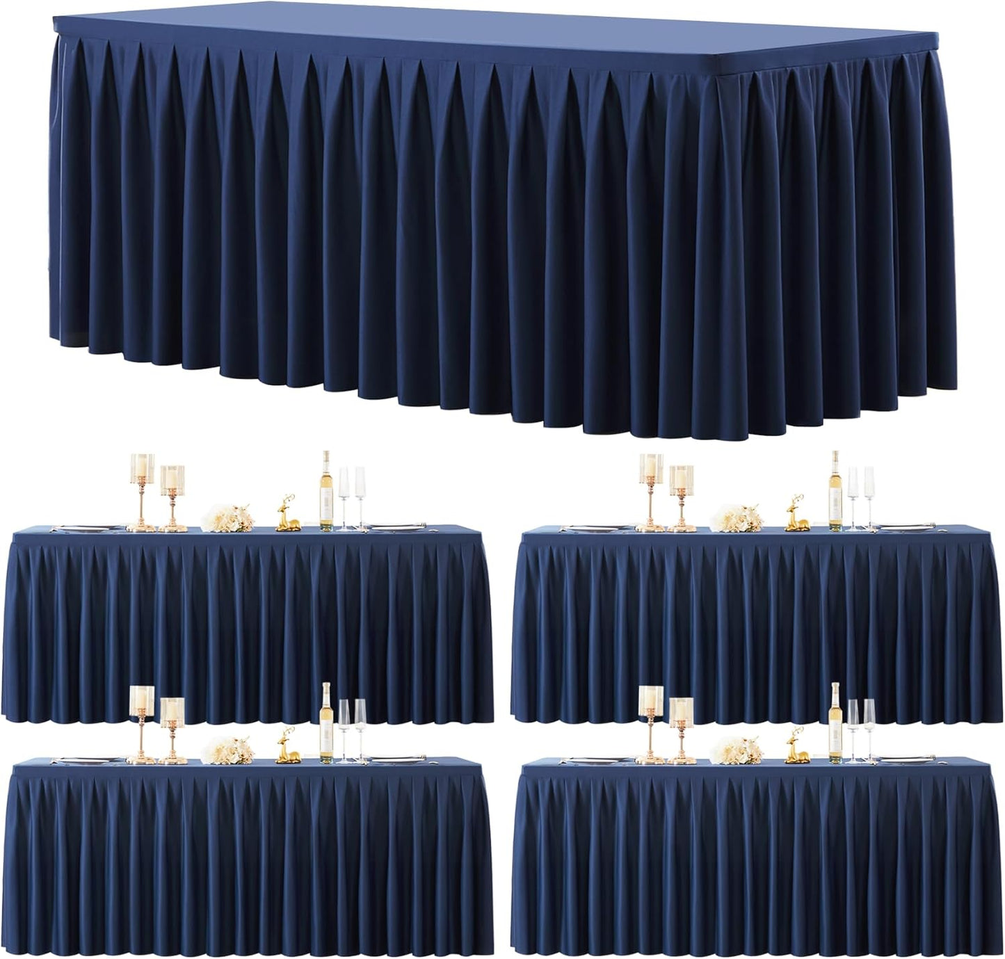 4 Pack Navy Blue Rectangle Tablecloth 8 FT Stretch Spandex Fitted Table Cloth for 8 Foot Rectangle Tables Banquet Tablecloths Wrinkle Free Table Cover Skirt Ruffle Tablecloth for Party Wedding