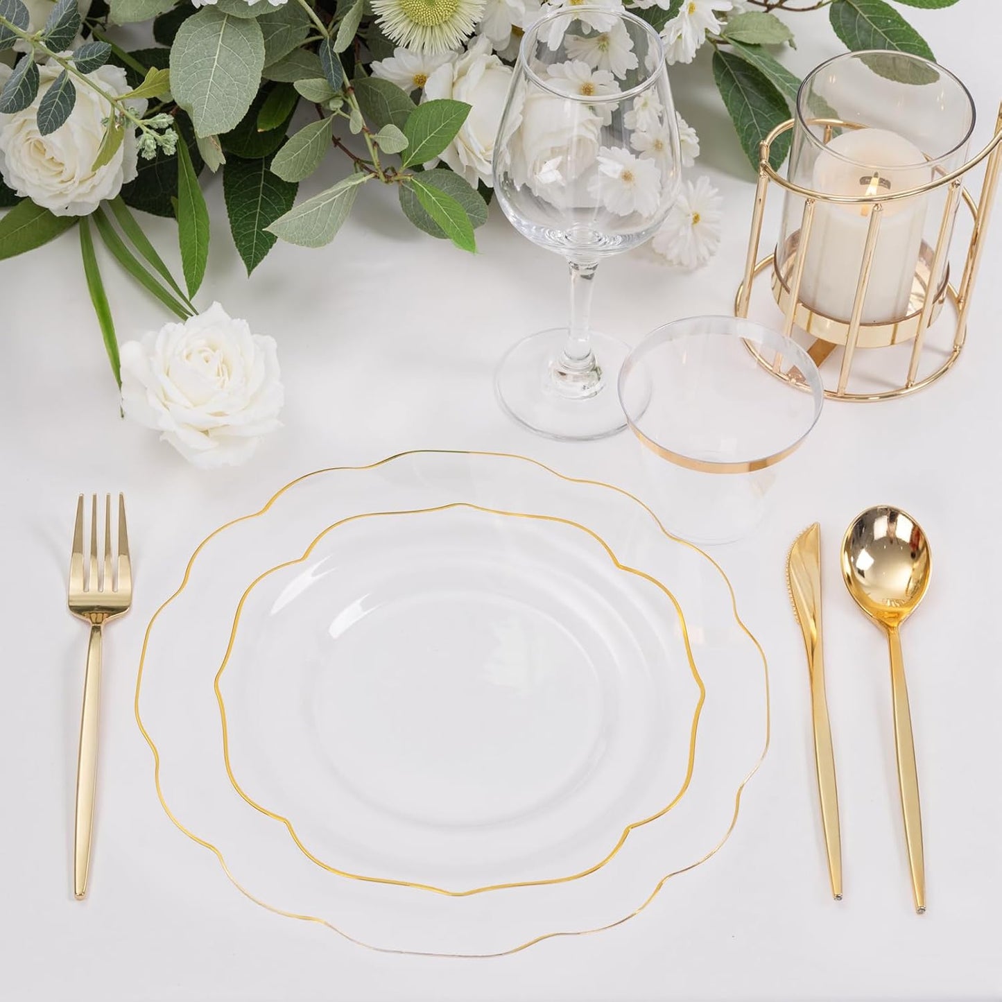 bUCLA 180PCS Clear Plastic Plates with Gold Trim - Clear Gold Plastic Dinnerware Include 30 Dinner & Dessert Plates, 30 Knives, 30 Forks, 30 Spoons and 30 Cups for Party & Thanksgiving
