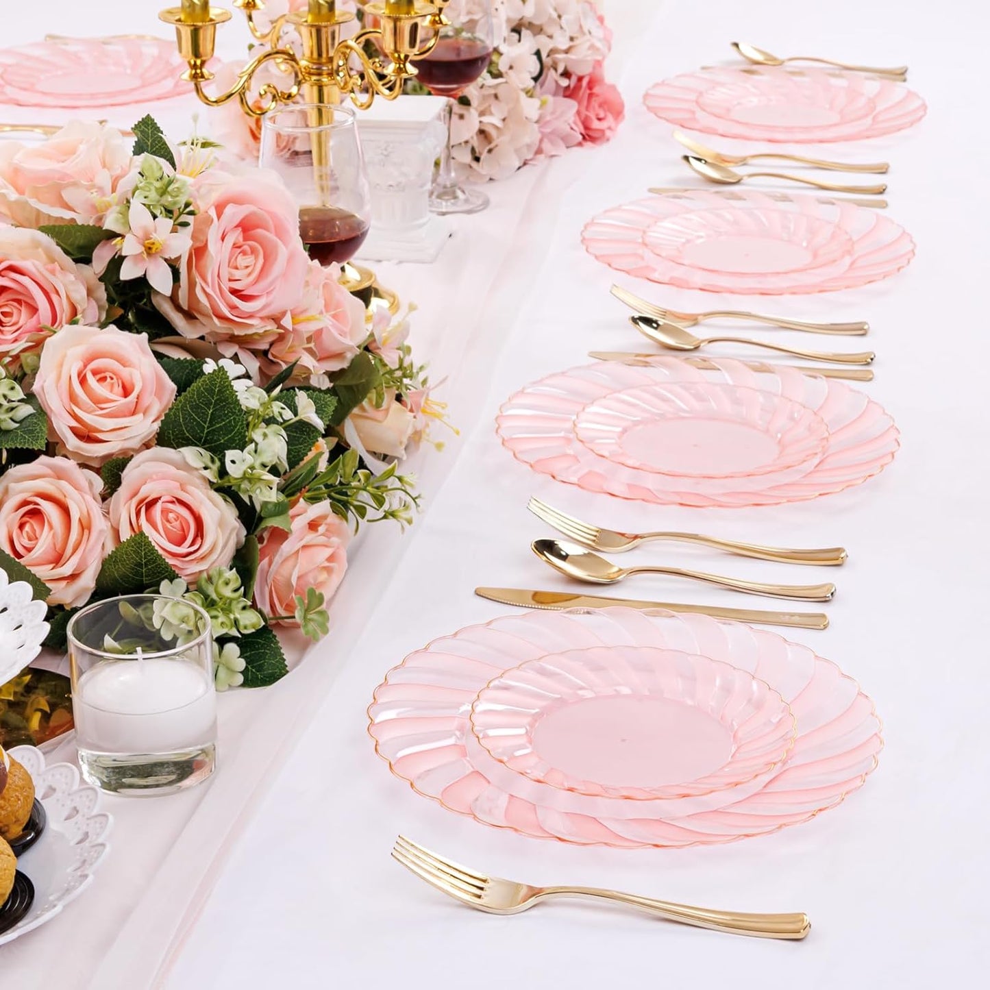 YOUBET 125Pieces Clear Pink Plastic Plates with Gold Rim - Gold Plastic Silverware Include 25 Dinner Plates 25 Dessert Plates 75 Golden Silverwares for Wedding Birthday & Parties