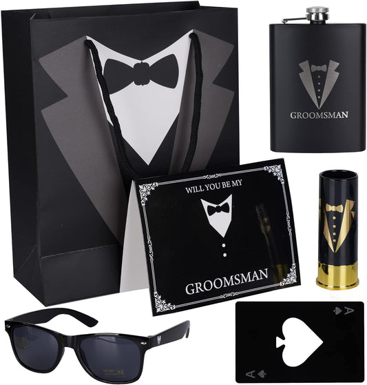 6 Pieces Groomsmen Gifts Set : 1 Pcs 8oz Stainless Steel Tuxedo Flask 1 Pcs Poker Bottle Cap Opener 1 Pcs Groomsmen Gauge Glasses 1 Pcs Sunglasses 1 Pcs Card 1 Pcs Groomsmen Gift Bags for Wedding