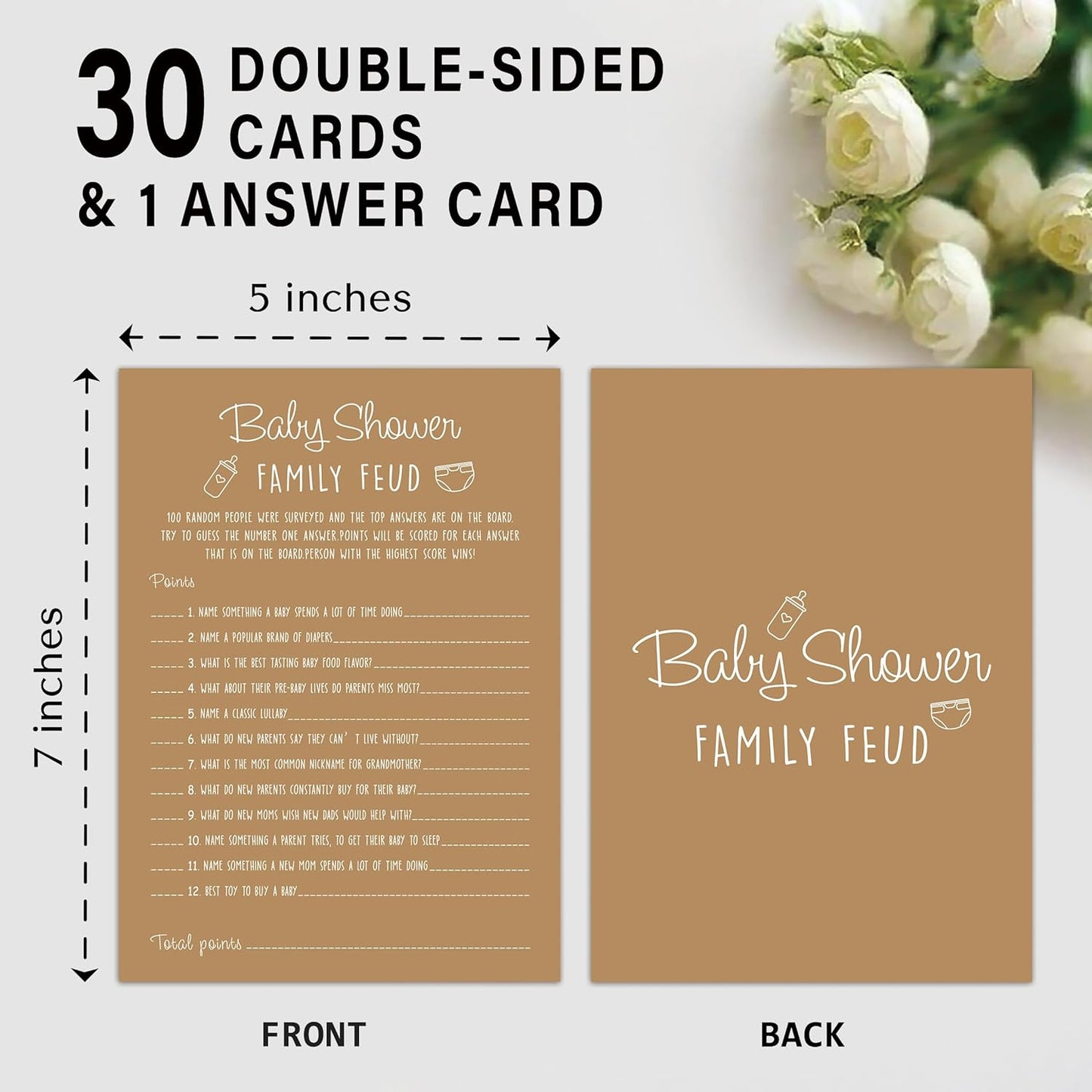 Family Feud Baby Shower Game - Pack of 30 Cards, Answer Key, Gender Neutral Decorations, Feud Game Supplies-01F-Caramel