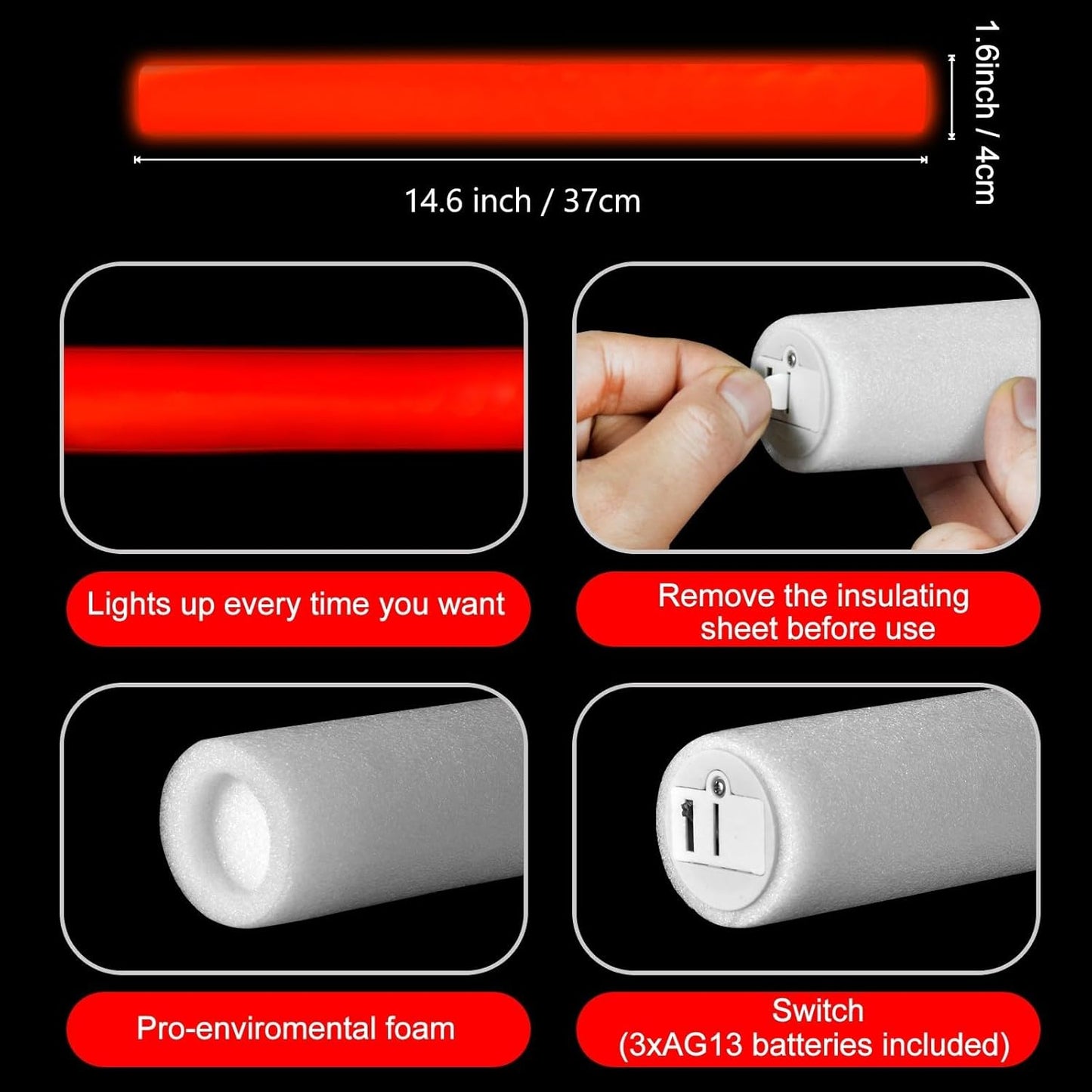 Glow Foam Wand, 36 Pcs Red Giant LED Light Up Sticks Flashing Glowing Baton Wands Party Supplies for Wedding, Raves,Concert,Birthday,Christmas, Halloween,Sporting Events