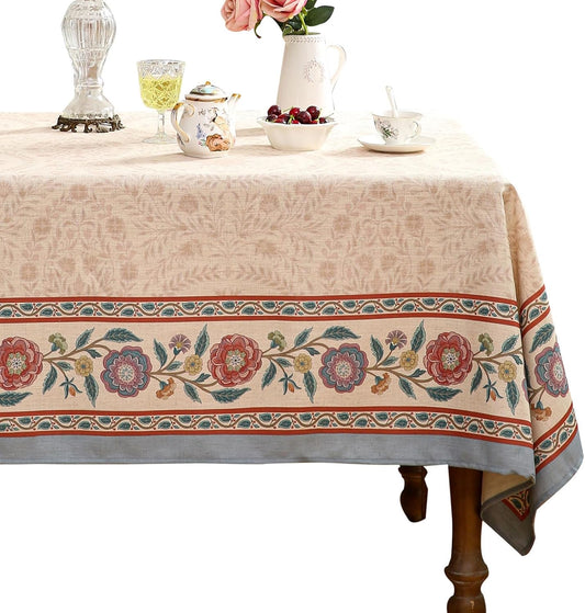 Beige Linen Rectangle Tablecloth,Vintage Indian Style Soft and Colorfast Floral Tablecloths,Decor Table Cover for Kitchen,Dining,Thanksgiving,Christmas,Home,55"*79"-Flowershadow E