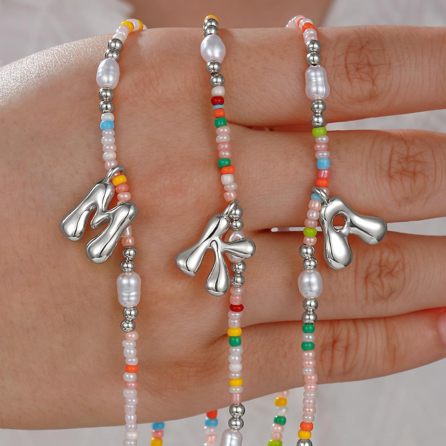 Ritach Initial Necklaces for Women Girls - Christmas Gifts for Grandkids Light Colorful Beaded Pearl Initial Necklace Gold/Silver Bubble Pendant Letter Necklace Stocking Stuffers for Teen Girls Women