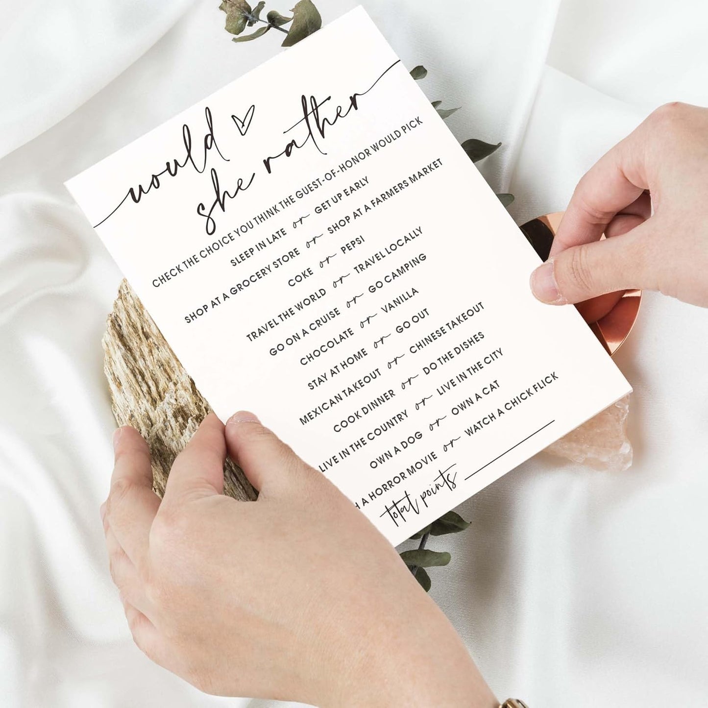 Wedding Shower Games Cards, Would She Rather Bridal Shower Game for 25 Guests, Engagement Party Wedding Games for Guests, Minimalist White Wedding Party Supplies - A11