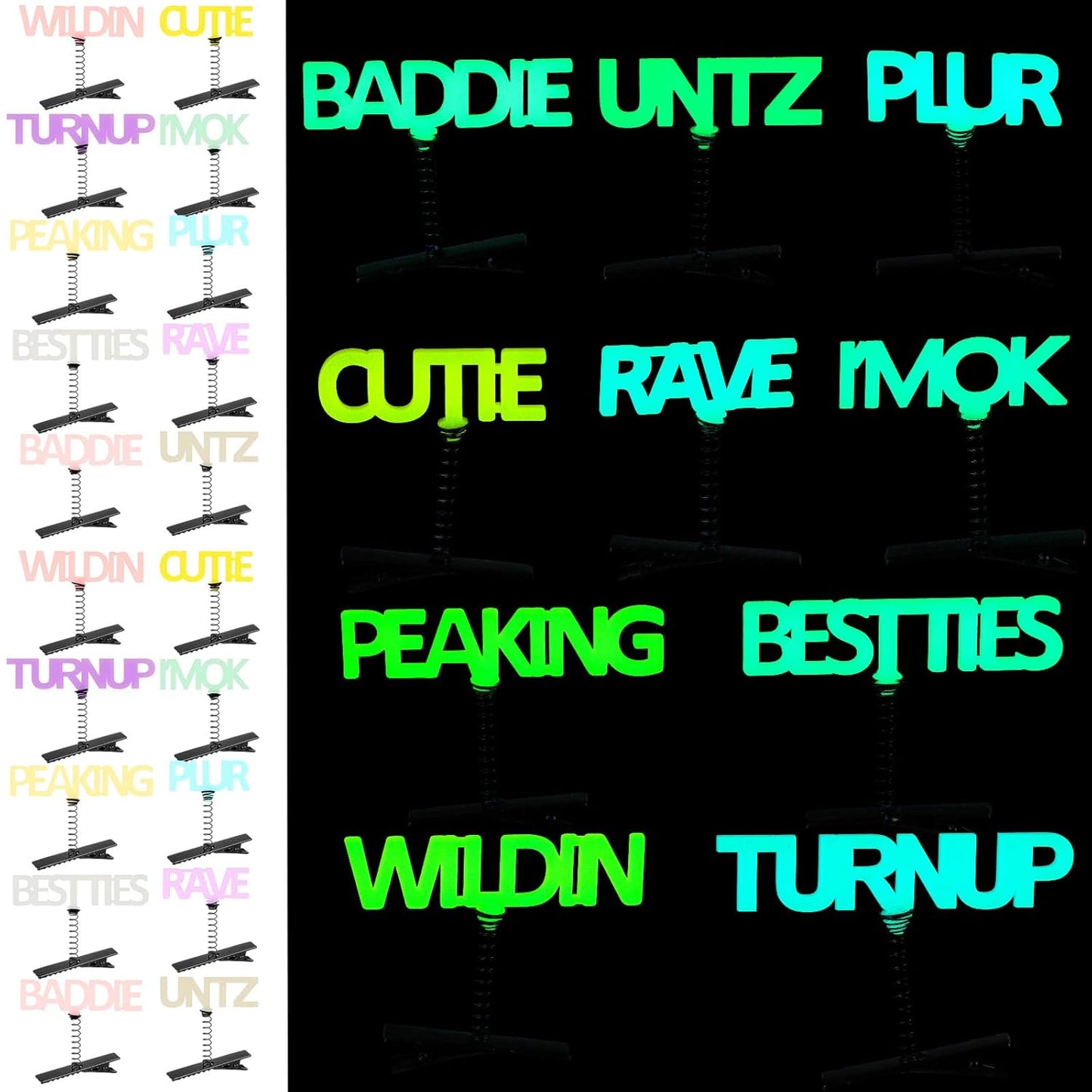 60 Pcs Mini Glow Hair Clips Girls Rave Hair Clips for Women Christmas Music Festival Holiday Party Supplies (Words)