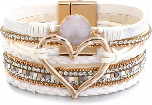 Leather Wrap Bracelet for Women Beaded Cuff Bracelet with Heart-shape Decor Bohemian Crystal Bracelet Jewelry with Clasp Bangle Bracelet for Women Girls Birthday Holiday Gift