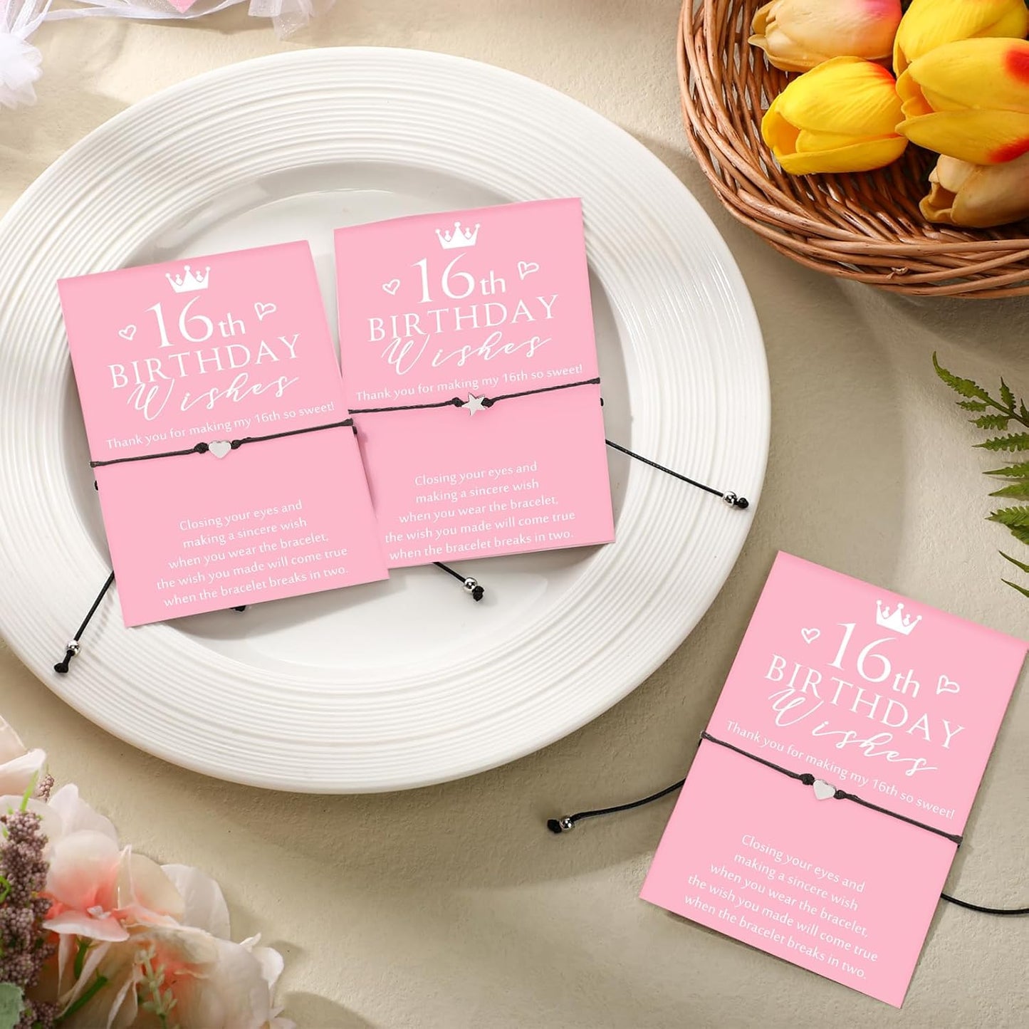 Misdary 25 Set Sweet 16th Birthday Wish Party Favors for Guests Include Adjustable Heart Charm Star Bracelets Gift with Thank You Wish Cards for Birthday Souvenirs Party Supplies Decor