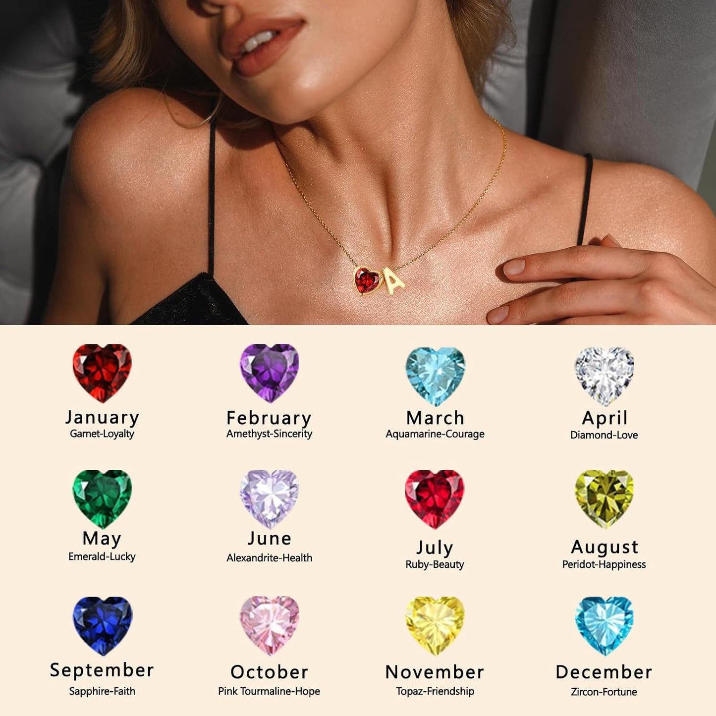 Heart Birthstone Initial Necklace for Women Girls,14K Gold Plated Heart Letter A-Z Necklace Dainty Birthday Trendy Jewelry Gifts for Women Girls Daughter