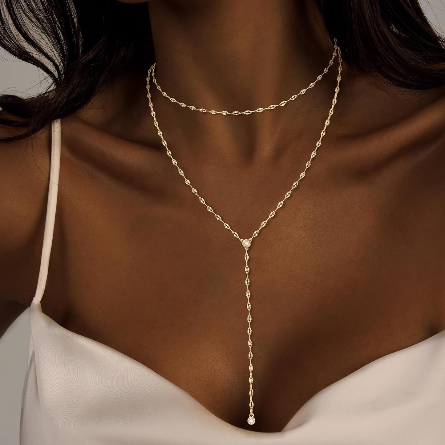 Luxval Lariat Gold Necklace for Women, Dainty Long Necklace 14k Gold Plated/Silver Y-Shaped Pendant Necklaces Trendy Beaded Chain Drop Necklaces Jewelry for Women Gifts