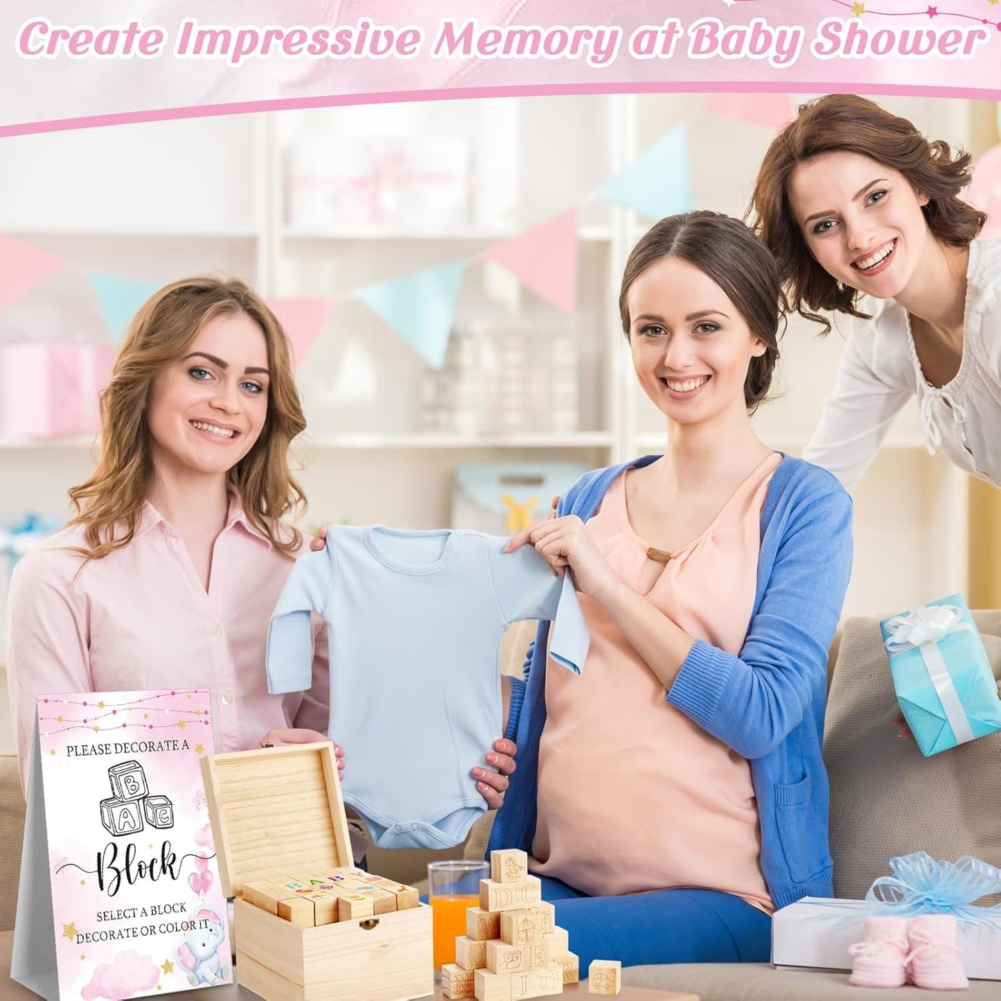 Marsui 136 Pcs Baby Shower Blocks to Decorate Game Kit Includes 98 Wooden Blocks, 36 Markers, 1 Game Sign, 1 Storage Box for Baby Shower Gender Reveal Activity Party Decorations(Pink Elephant)