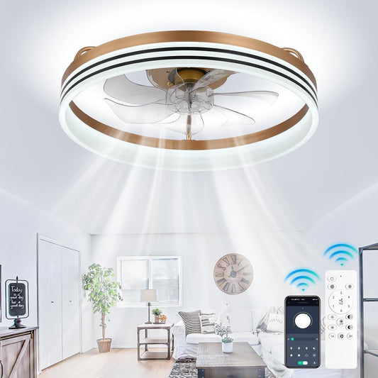 Ceiling Fans with Lights and Remote 20" Dimmable Fandelier LED Fan Light Modern Ceiling Fan, Low Profile Flush Mount Ceiling Fan Lights for Bedroom Kitchen and Living Room(Gold)