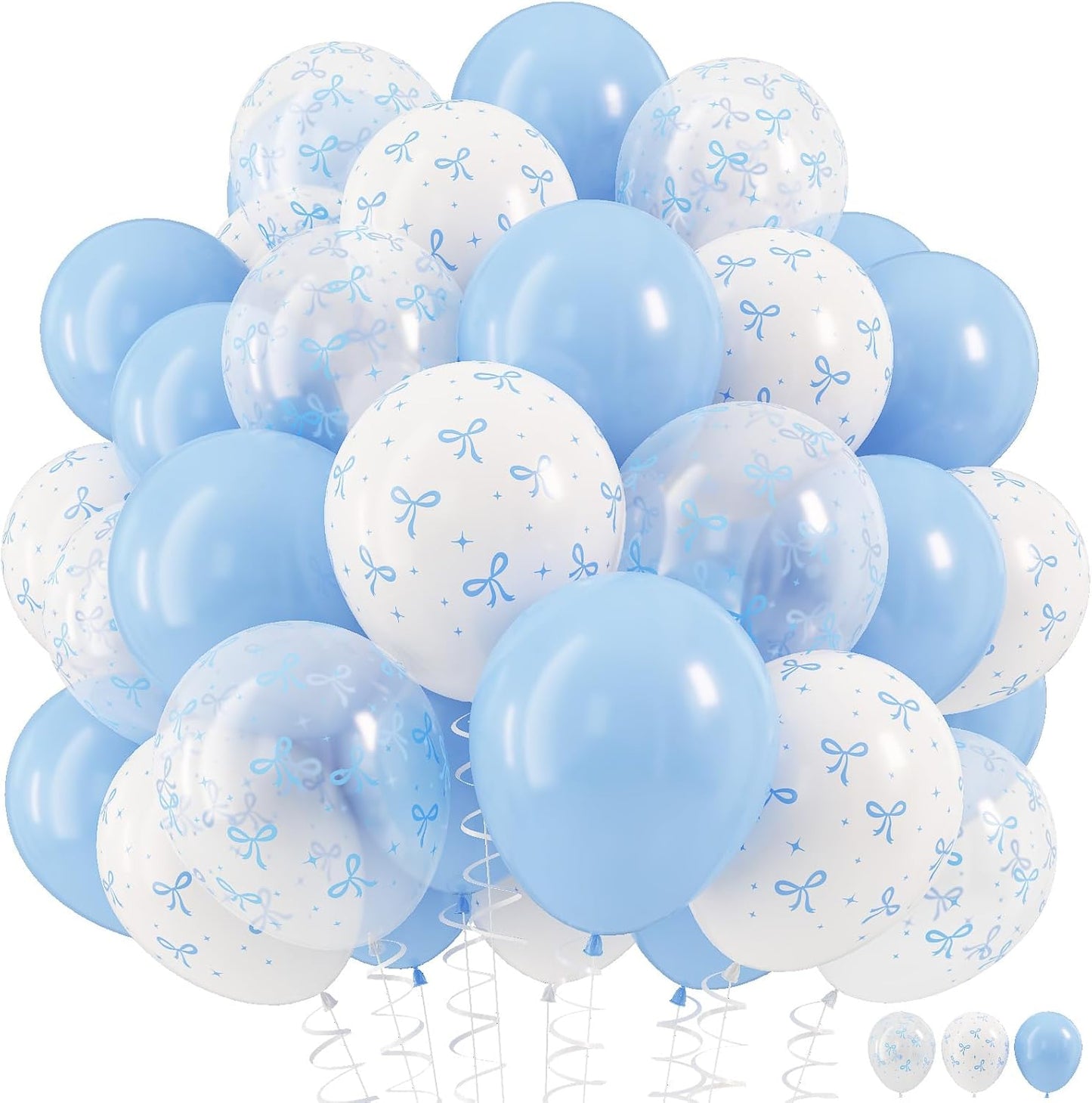 Blue Bow Balloons, 12 Inch Pastel Light Blue Transparent White Bow Print Coquette Balloon for Girls Birthday Bachelorette Party Bridal Baby Shower Wedding Anniversary Decorations Supplies