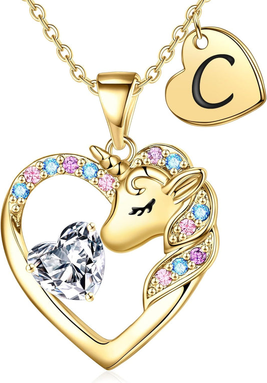 Christmas Gifts for Grandkids Kids - Colorful CZ Heart Initial Unicorn Necklace for Girls Jewelry Unicorn Birthday Gifts for Girls Stocking Stuffers for Kids
