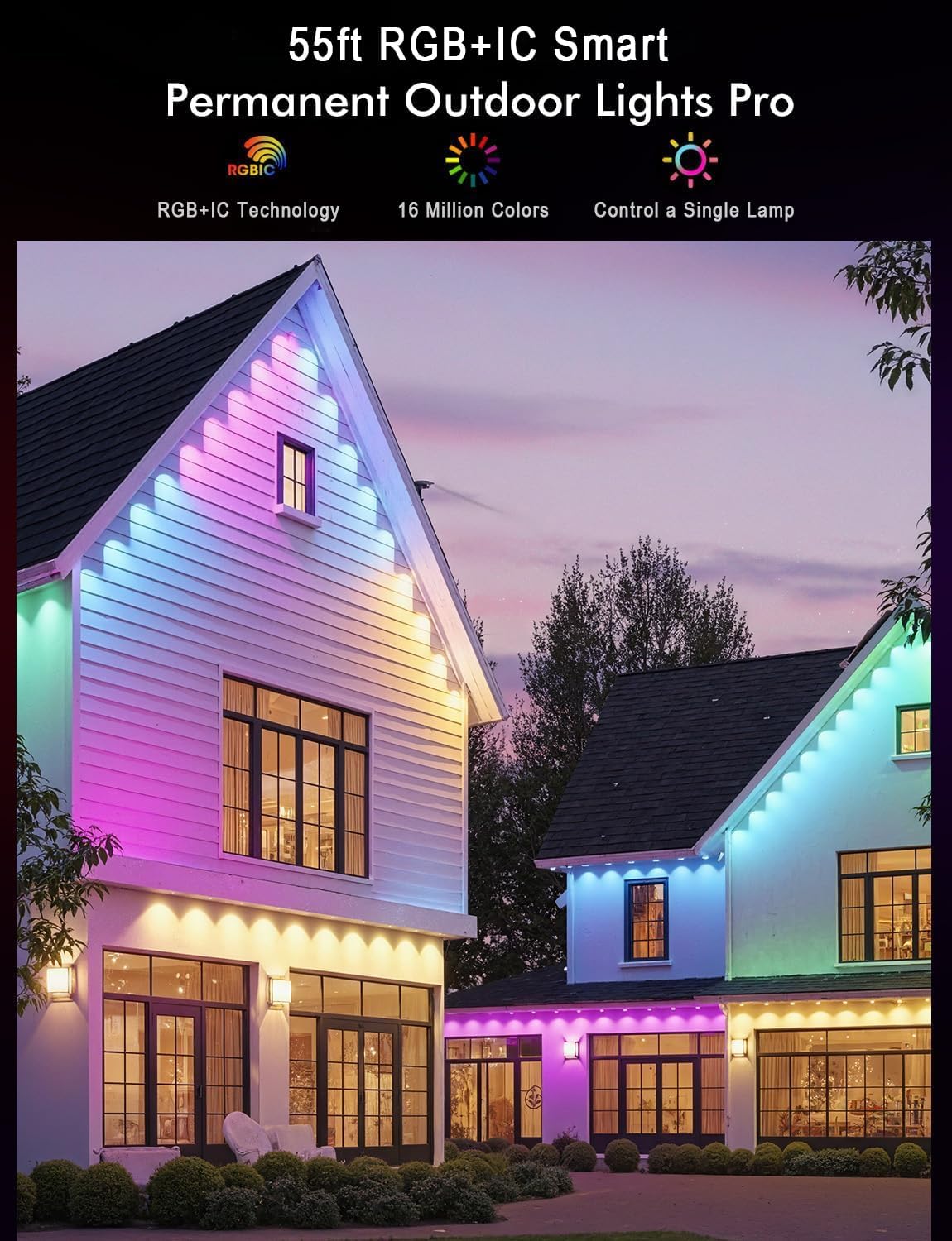 Permanent Outdoor Lights, Smart RGB+IC Lights Outdoor (Multi Scene Modes), 55ft with 36 LED Lights, IP67 Waterproof for House Decor, Work with Alexa, Google Assistant, Quick Installation