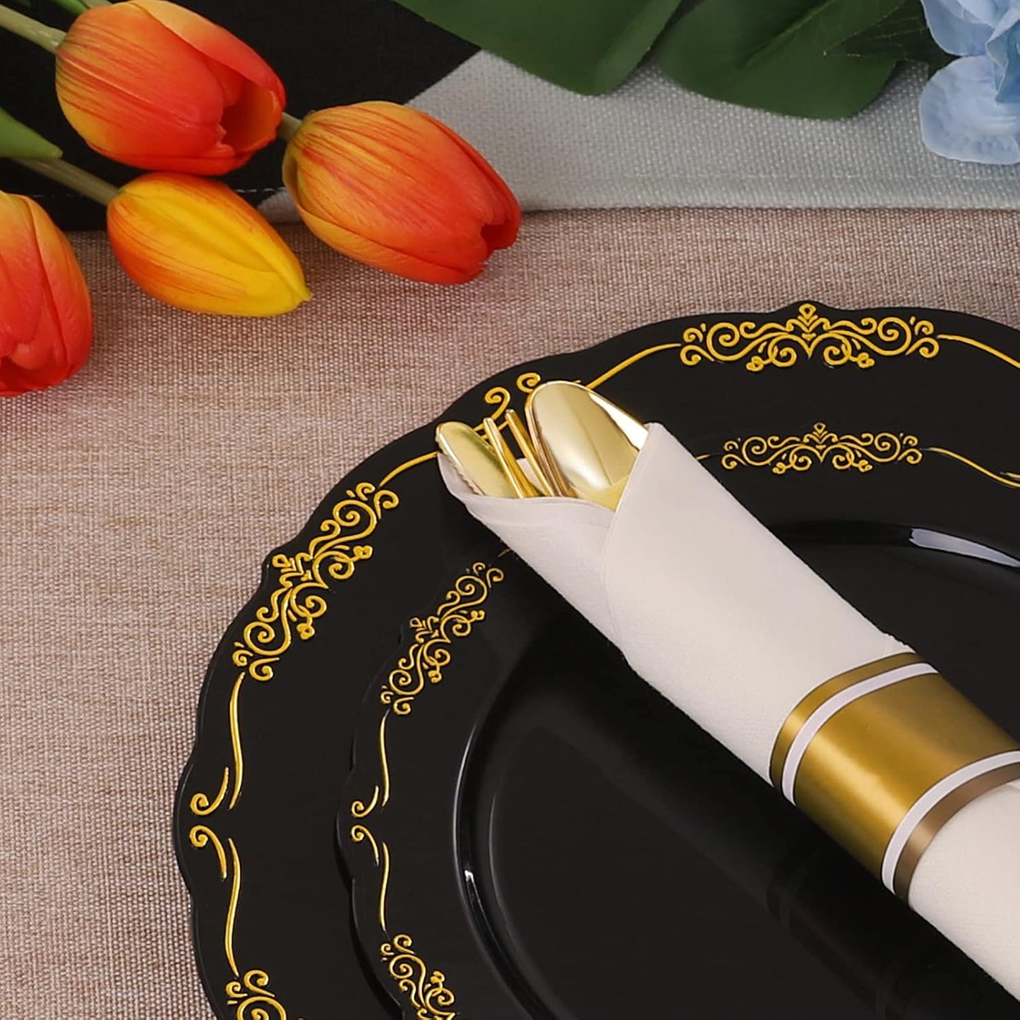 U-QE 175PCS Black Plastic Plates&Pre Rolled Napkins with Gold Cutlery, Black and Gold Plastic Dinnerware Set for 25Dinner Plates, 25Dessert Plates, 25Cups, 25Gold Silverware Sets, 25Napkins for Party