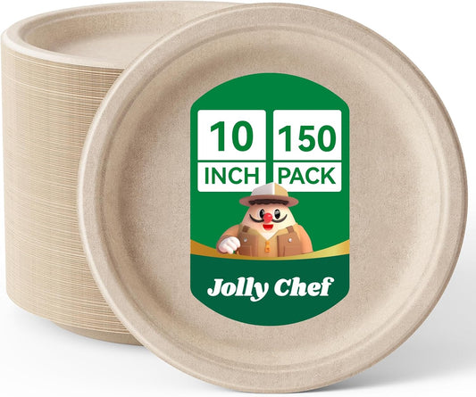 JOLLY CHEF Compostable Heavy Duty Plates 𝟭𝟬 𝗜𝗻𝗰𝗵 [𝟭𝟱𝟬 𝗣𝗮𝗰𝗸] Eco-Friendly Disposable Natural Paper Plates Bagasse Biodegradable Bulk for Party Dinner Thanksgiving Day (Brown)