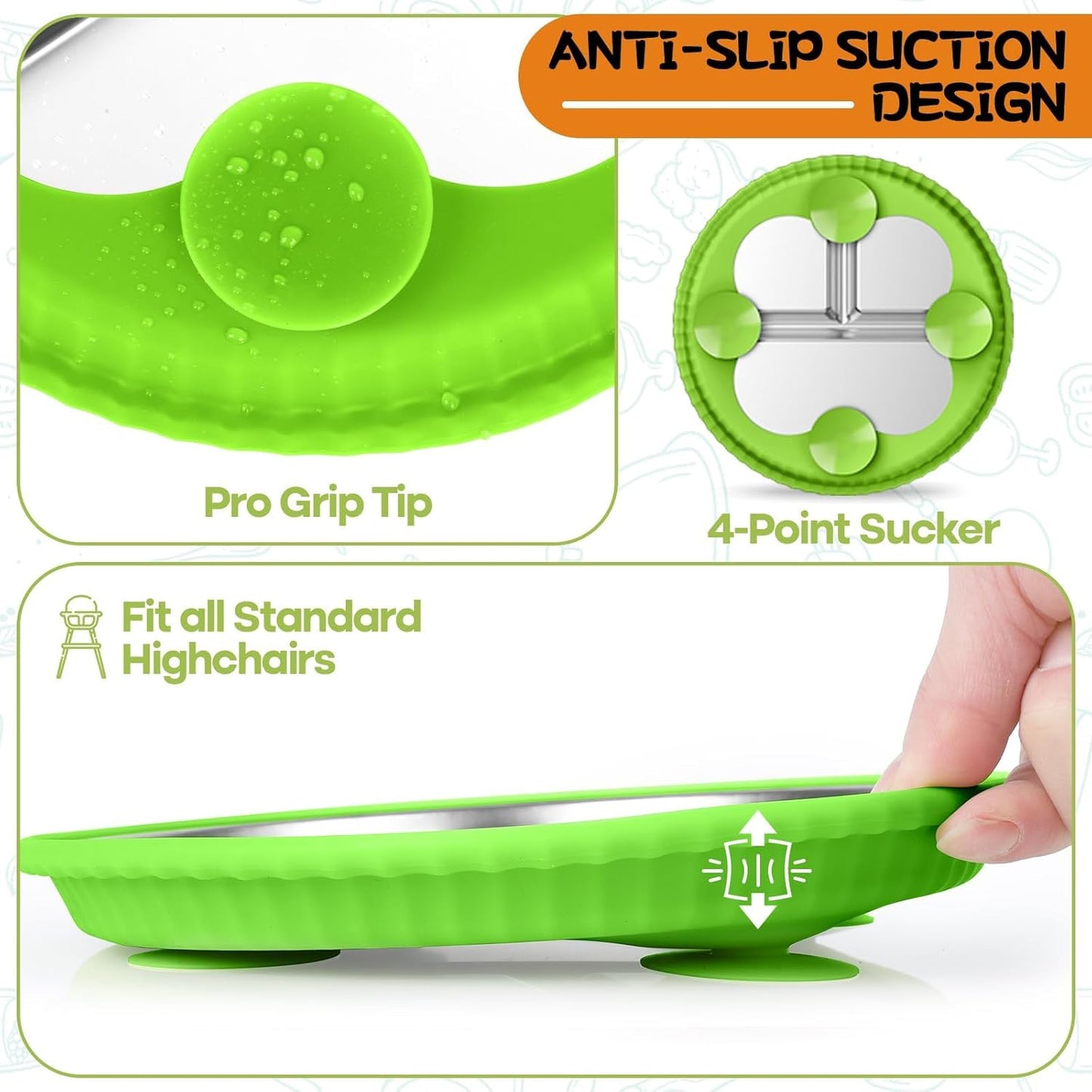 Stainless Steel Kids Plates with Suction, 2Pack 9" Divided Toddler Plates Removable Non Slip Silicone Sleeves Baby Feeding Led Weaning Supplies, BPA Free, Unbreakable Dishwasher Safe