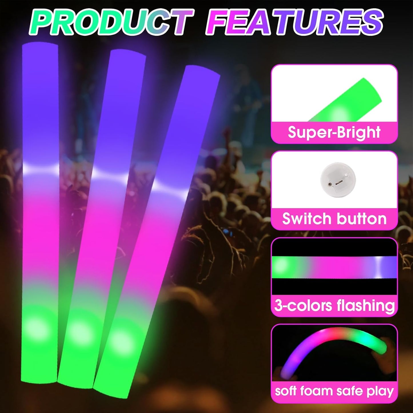 AWANG 100 Pcs Glow Sticks With 3 Modes Colorful Flashing Glow In The Dark Party Supplies Multicolor Bulk LED Foam Glow Sticks For Wedding Raves Sporting Events Glow Party Birthday Camping Concert