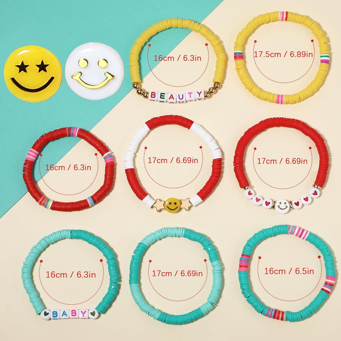 Preppy Bracelets Set Colorful White Gold Smile Heart Star Polymer Beaded Pearl Clay Stackable Charm Y2K Kidcore Aesthetic Summer Beach Bohemian Stretch Layering Bracelets Jewelry for Girls Women Teens