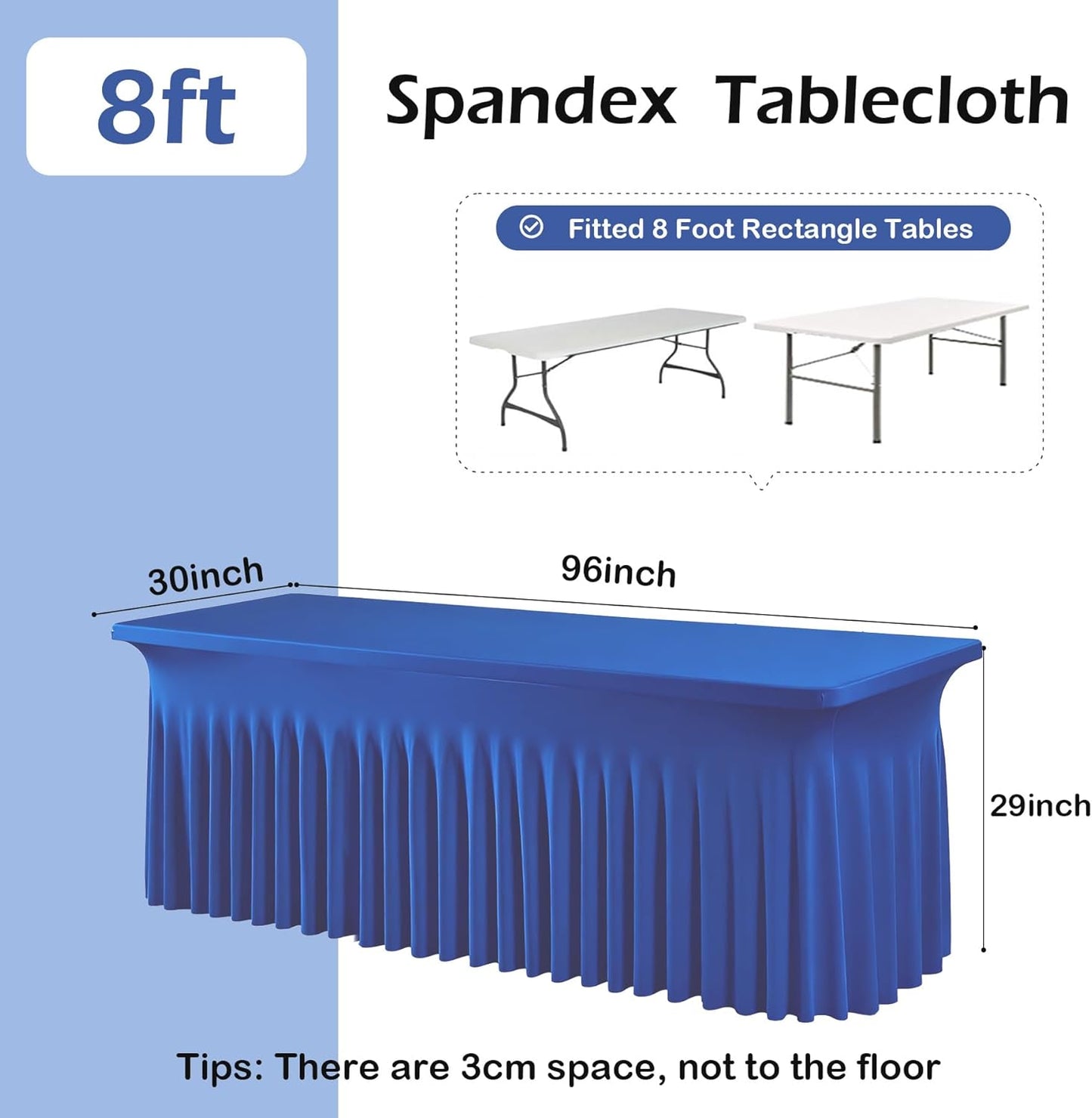2 pk Royal Blue Spandex Tablecloths 8ft with Ruffle Table Skirt, Wrinkle Free Stretchy Fitted Tablecloth for 8 Foot Rectangle Tables, Elastic Spandex Table Covers 8ft for Party Wedding Banquet