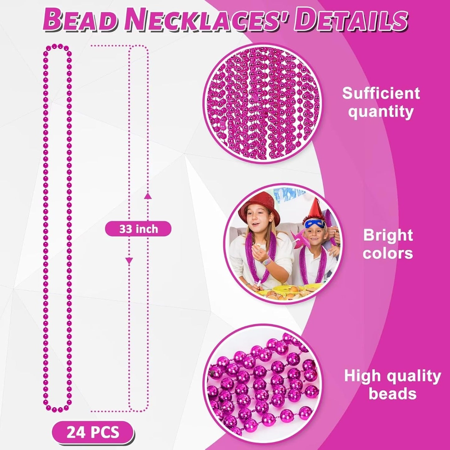24PCS Bead Necklace, 33" Rose Red Bead Necklaces Bulk, Mardi Gras Beads Necklace Costume Bulk, Festival Parade Throw Accessories for Wedding Birthday Gender Reveal Party Events Supplies Decorations