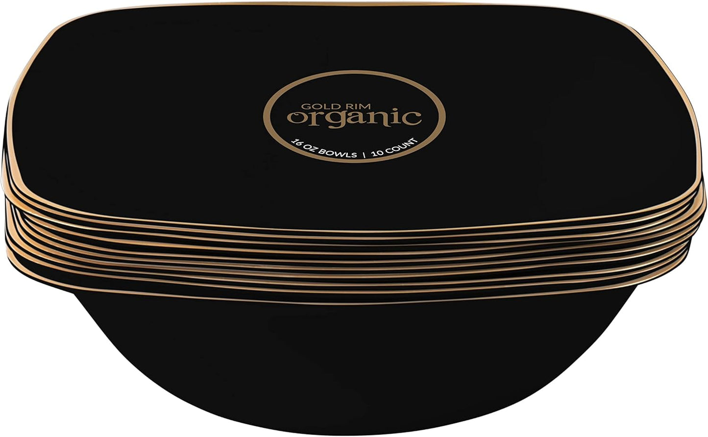 PLASTICPRO Black Plastic Organic Party Square Soup bowls Black With Gold Rim Elegant Disposable Tableware Dishes 16 OZ 32 Count