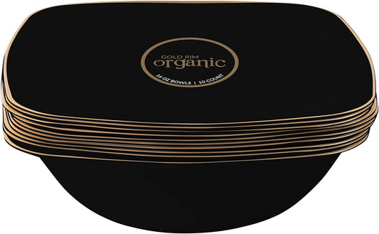 PLASTICPRO Black Plastic Organic Party Square Soup bowls Black With Gold Rim Elegant Disposable Tableware Dishes 16 OZ 32 Count