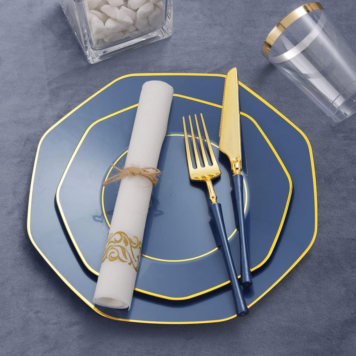KIRE 140Pcs Blue Plastic Plates with Gold Rim - Gold Disposable Plastic Silverware with Blue Handle&Clear Cups&Hand Napkin - Geometric Party Plates for Holiday/Party