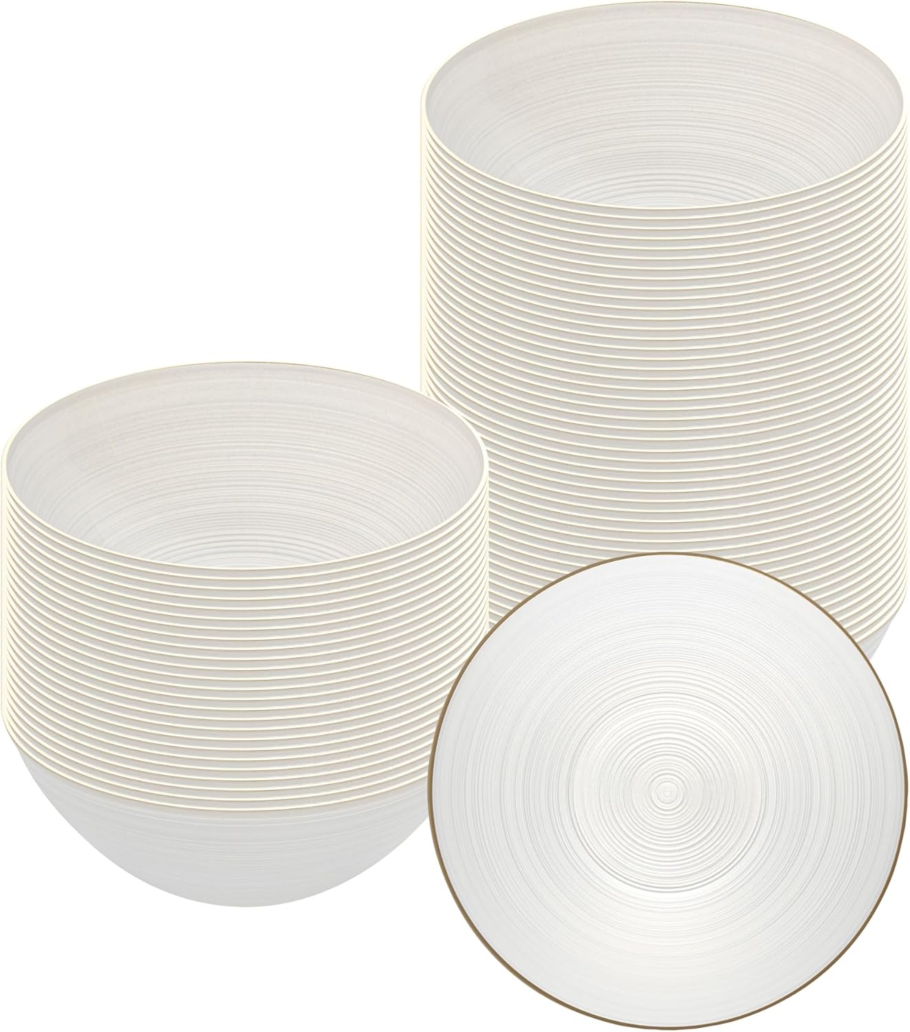 Restaurantware Plastic Bowls 20 Pcs 16 oz Gold Rimmed Disposable Soup Bowls Heavy-Duty White Translucent Rippled Dinnerware Containers for Party, Desserts, Salads, Snacks, and Catering