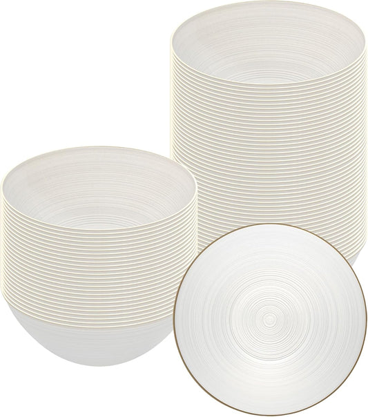 Restaurantware Plastic Bowls 20 Pcs 16 oz Gold Rimmed Disposable Soup Bowls Heavy-Duty White Translucent Rippled Dinnerware Containers for Party, Desserts, Salads, Snacks, and Catering