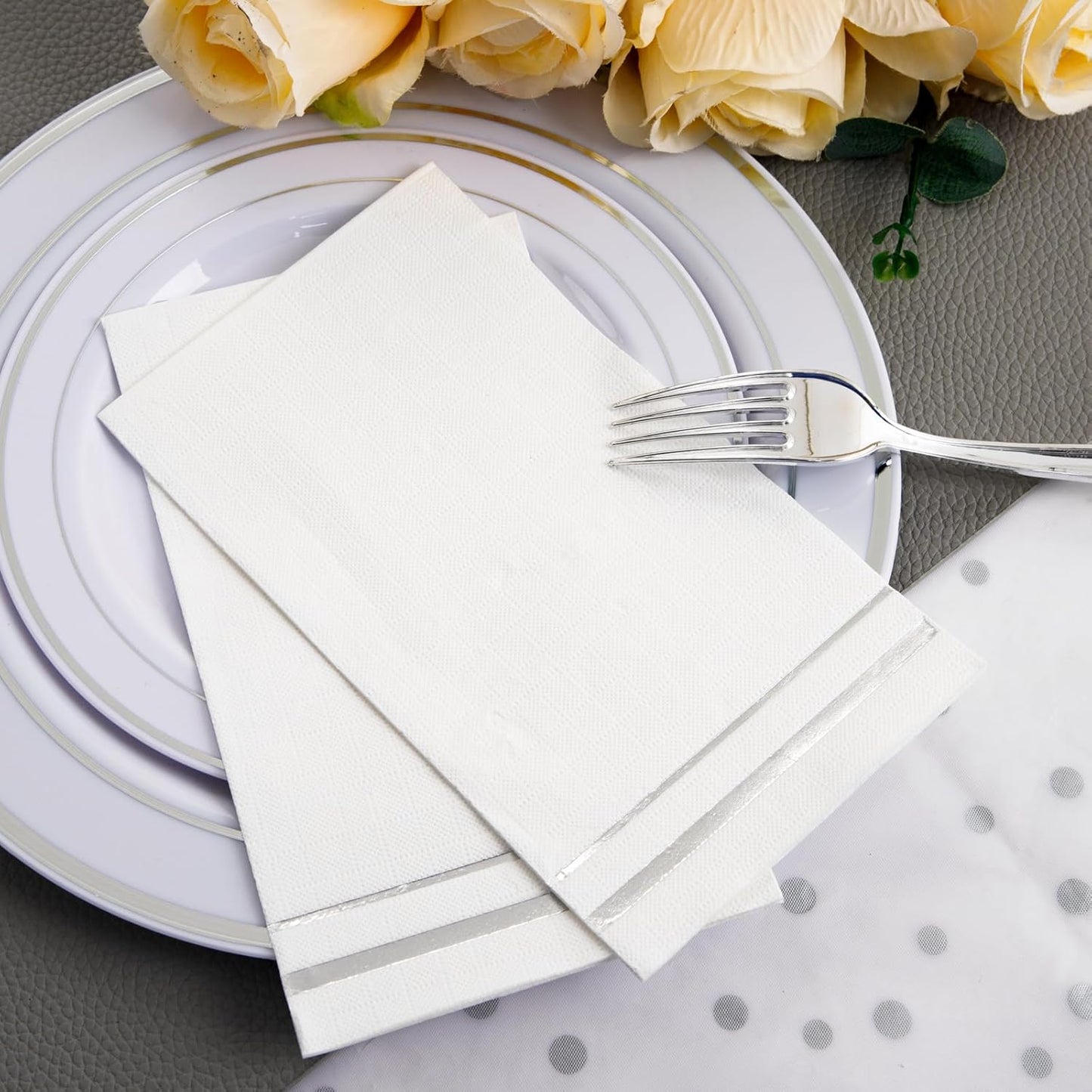 GATHER 176 Pieces Silver Plates - Disposable Silver Plastic Plates Includes 50 Plates, 75 Silverware, 25 Napkins, 25 Silver Rimmed Cups and 1 Tablecloth Perfect for Party & Weding