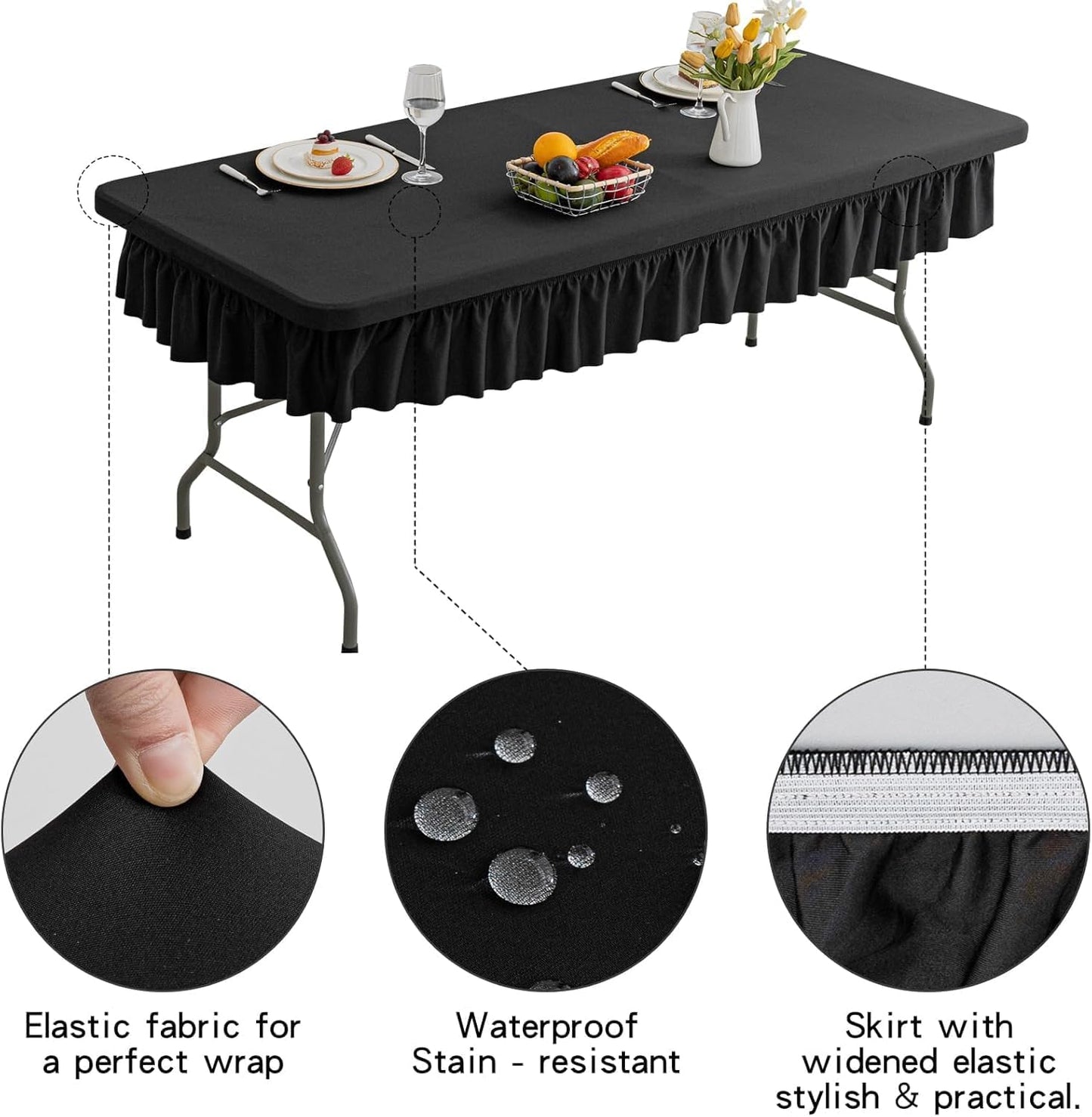 8ft Black Stretch Tablecloth for Rectangular Tables - Flared Wrap Design, Waterproof, Wrinkle-Resistant, Washable - Ideal for Weddings, Parties, Banquets & Table Protection