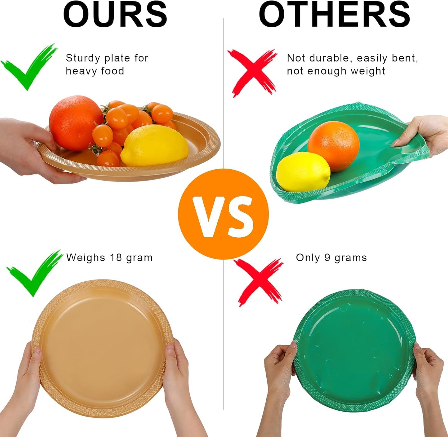 WELLIFE Gold Plastic Plates 9 Inch 50 Count Disposable Plate Thanksgiving Plates for Party, Dessert Plate for Dinner Cake Salad Supplies Birthday