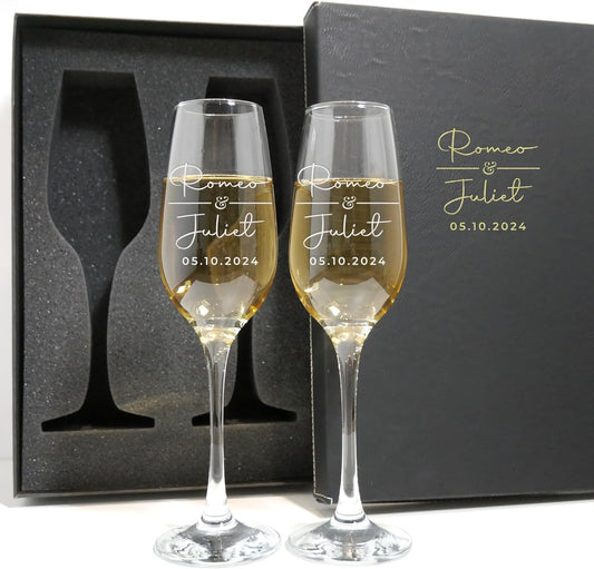 Personalized Champagne Flutes - Set of 2 - Custom Wedding Glasses - Bride & Groom Wedding Gifts for Mr & Mrs - Engagement, Bridal Shower, Anniversary, Gift for Couple - Valentines Day Gift - 6 Designs