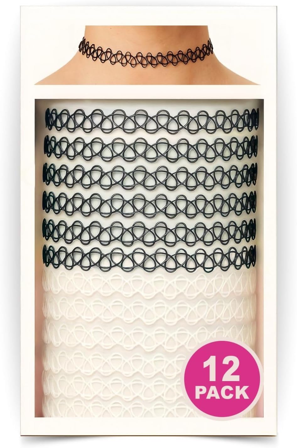 BodyJ4You 12PC Tattoo Choker Necklace - 90s Accessories 2000s Jewelry Y2K Fashion Vintage Trendy - Rainbow Goth Black Pink Green Blue White - Adjustable Stretchy Elastic Necklace Summer Vacation Set