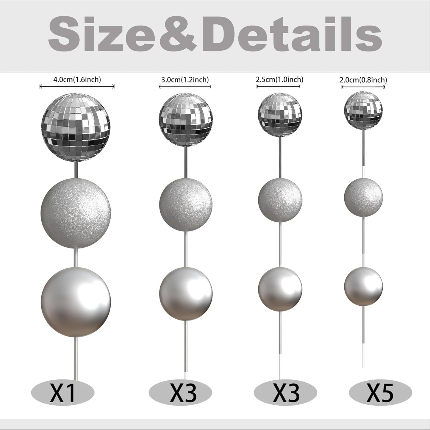36 Pack Balls Cake Topper Decorations Foam Balloons Cake Decorations Sticks Mini Balloons Cake Toppers Balls Cake Picks for Baby Shower Wedding Anniversary Birthday Party Decorations Light Silver