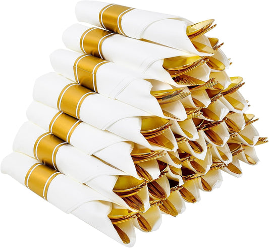 30 Pack Pre Rolled Gold Plastic Cutlery, Disposable Heavy Duty Silverware Set - 30 Forks, 30 Spoons, 30 Knives, 30 Napkins, Disposable Cutlery Set for Catering, Parties, Dinners, Weddings