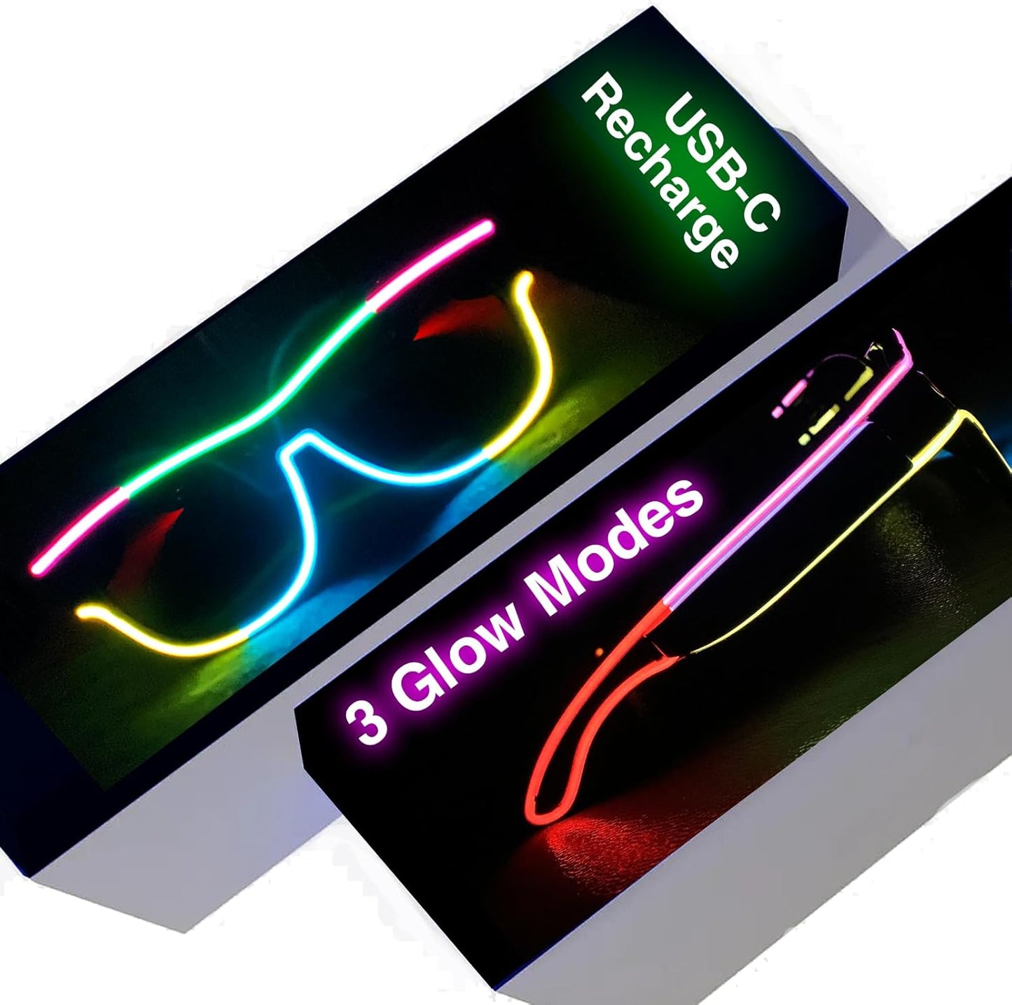GS GLOWSEEN Led Light Up Glasses USB Type-C Rechargeable, Multi-color Neon Glow Glasses Rave Sunglasses for Men Women Party Outfits,EDM,Halloween,Christmas