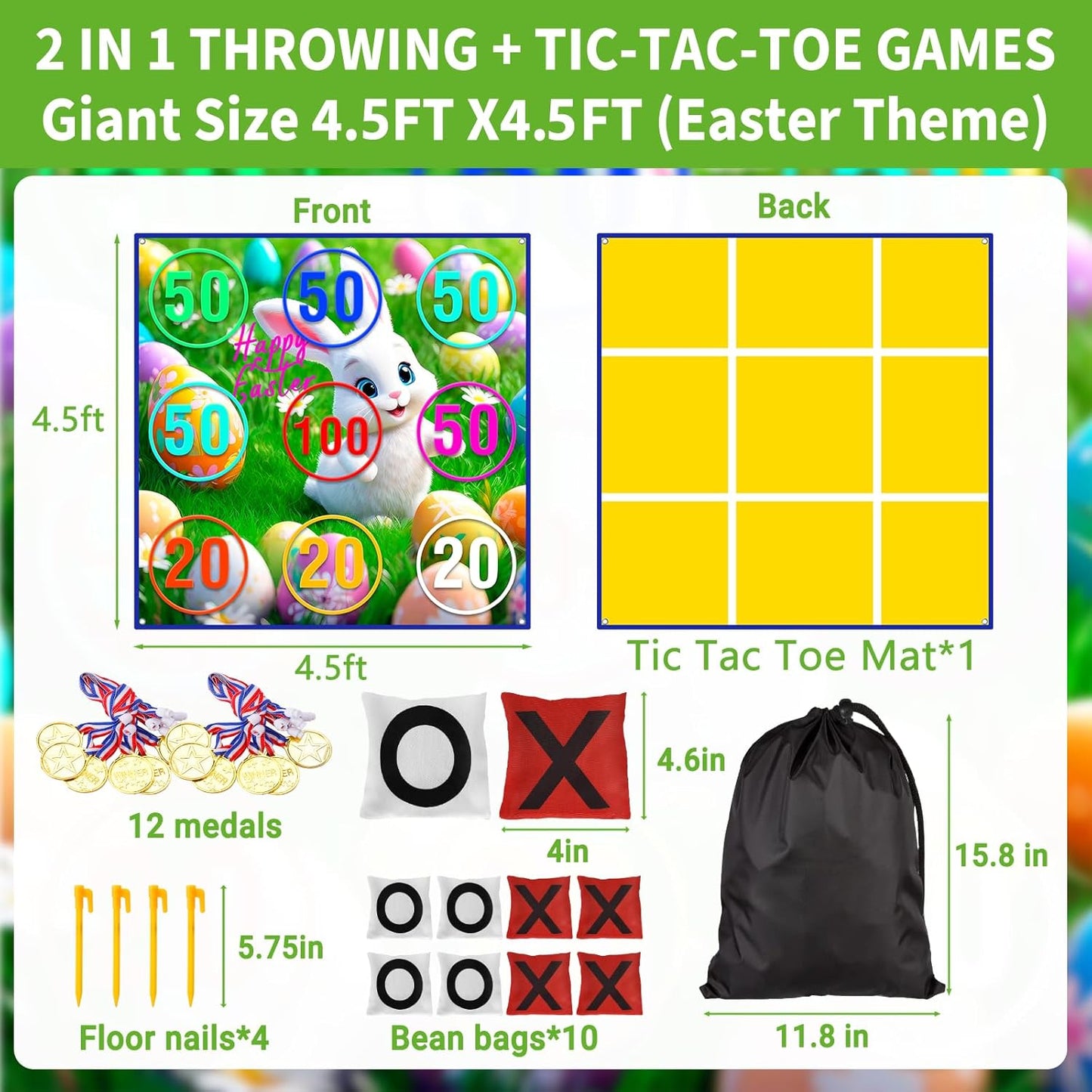 2-in-1 Giant Easter Bean Bag Toss & Large Tic Tac Toe Outdoor Games for Kids Adults-4.5ft Giant Outside Lawn Yard Camping Field Day Games for Kid Family-Backyard Fun Carnival Easter Party Giant Games