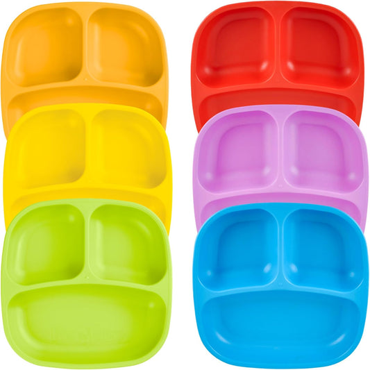 Re-Play Toddler Plates with Dividers - Deep-Walled 3 Compartments Divided Plates for Kids - Dishwasher & Microwave Safe - Made in USA - Set of 6-7.37" x 7.37" x 1.25" - Crayon Box