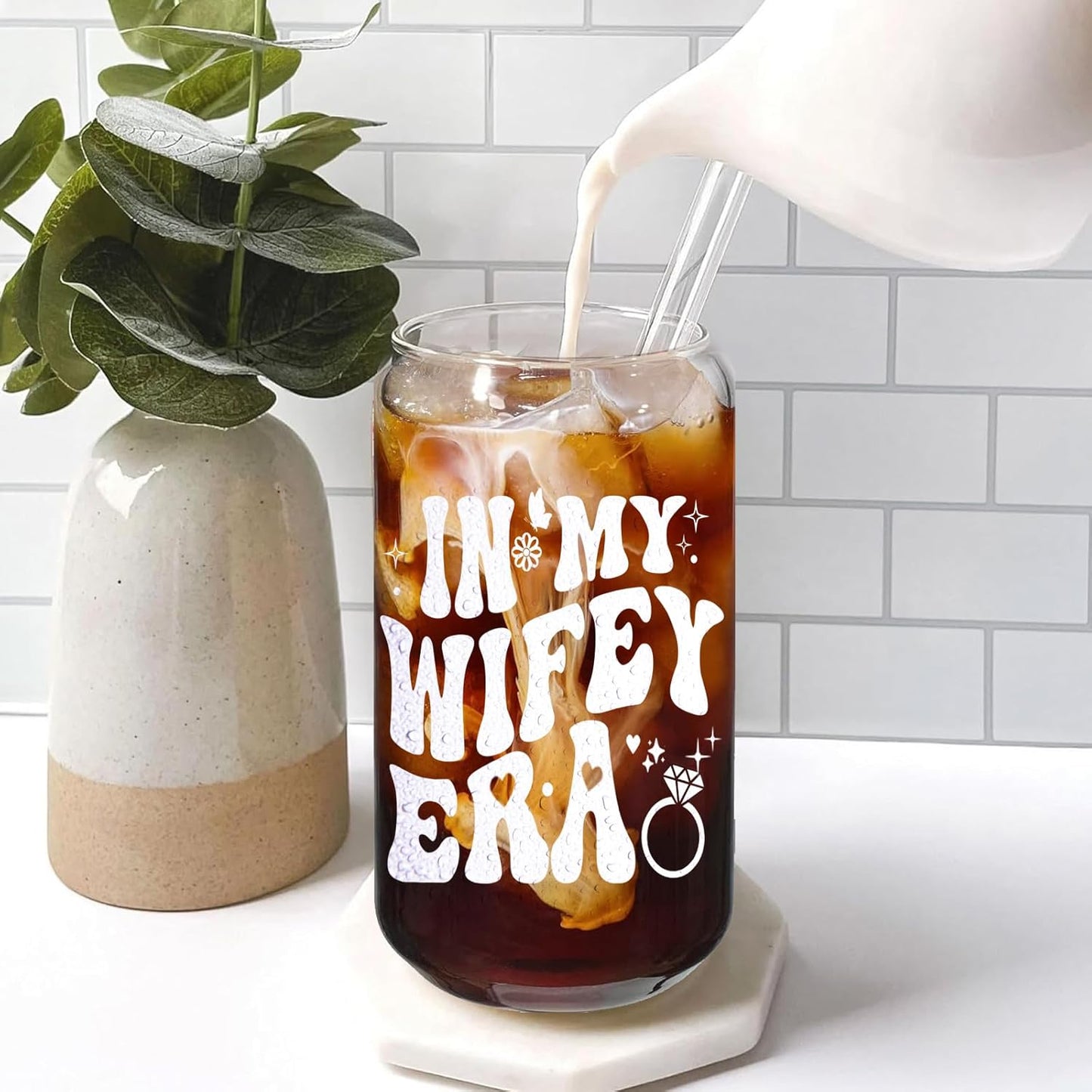 Bridal Shower Gifts Wifey Era Cup – Bridal Shower, Bachelorette,Wedding Gifts for Bride to Be, Engagement Presents for Her, 16 oz Coffee Glass with Lid & Straw