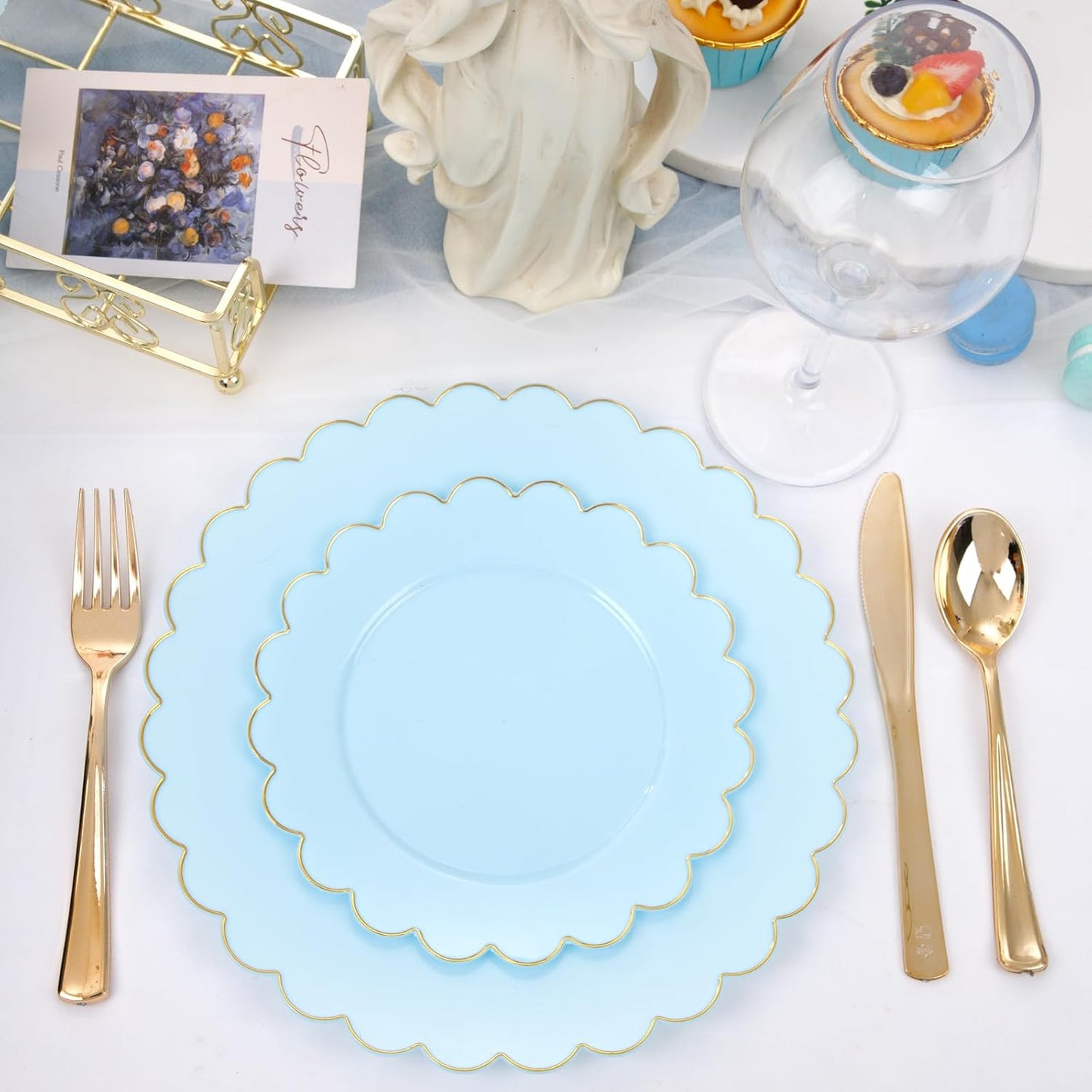 LIYH 60 Pcs Baby Blue Plastic Plates with Gold Edge - Disposable Light Blue Plastic Plates Includes 30 Dinner Plate 10.25" and 30 Dessert Plate 7.5" for Party Birthday