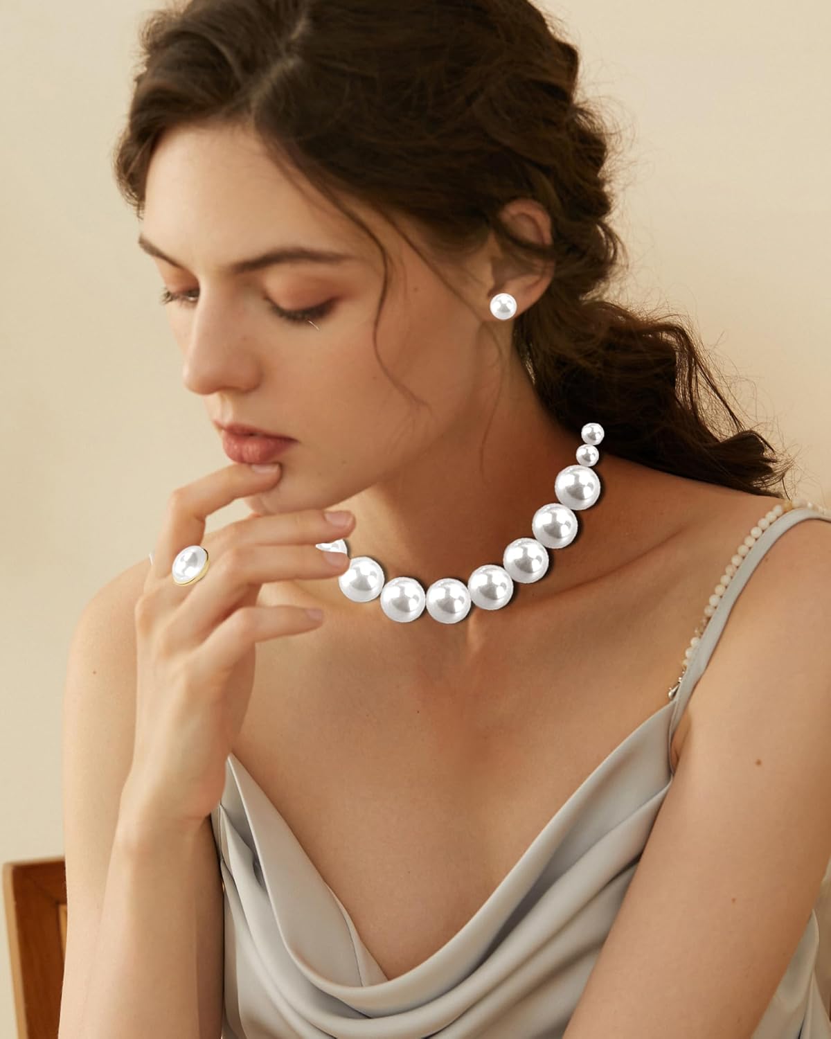 Pearl Jewelry Set for Women Faux Pearl Costume Jewelry Set with Necklace, Bracelets, Ring, Earrings for Wedding Bridal Birthday Tea Party