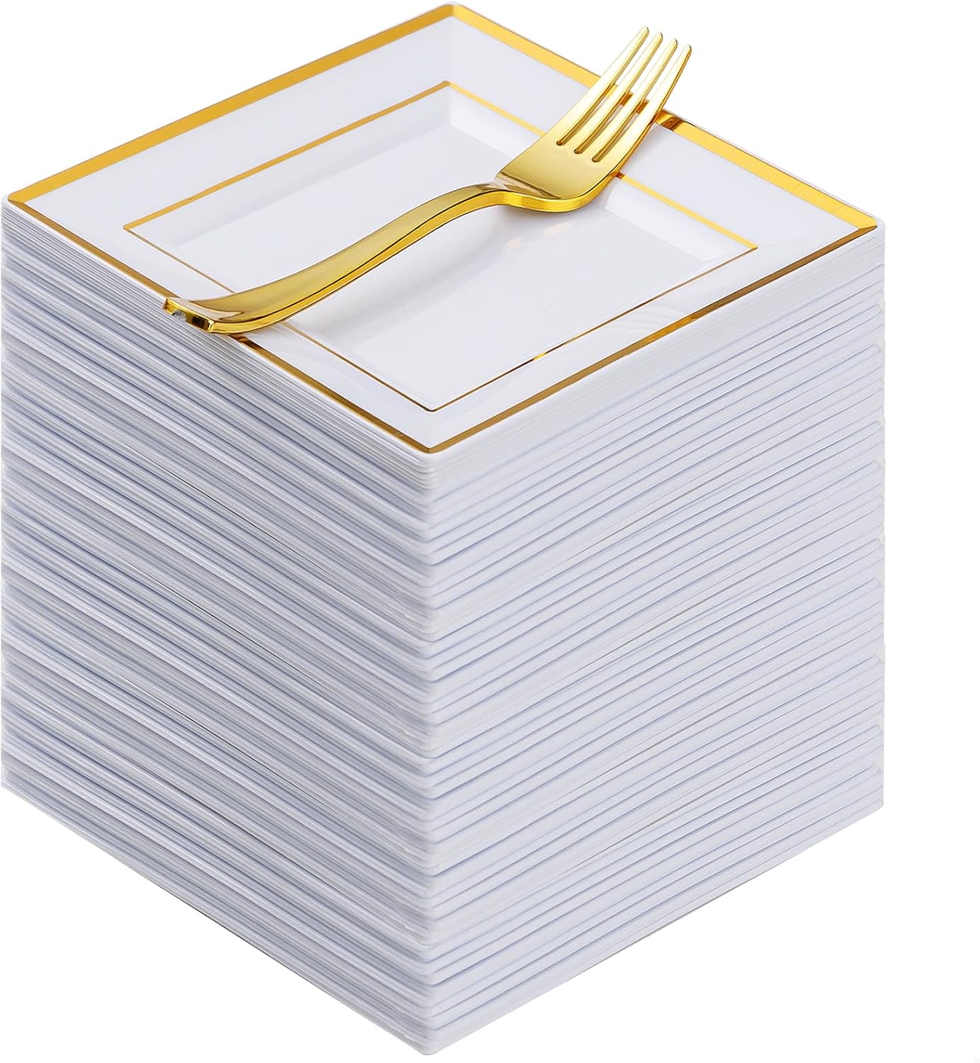 Goodluck 240PCS 6.5" Square Gold Dessert Plastic Plates with 7.4" Forks, Gold Appetizer Plates for 120 Guests, Including 120 Disposable Cake Plastic Plates and 120 Forks for Wedding/Birthday Party